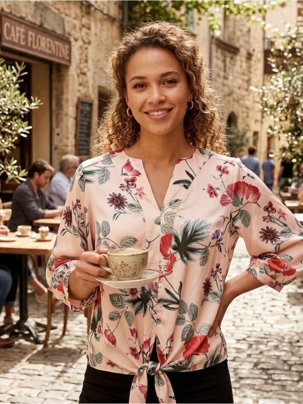 Chico's Size 1 (8/M) Peach Floral Satin Tie-Front Pullover Top Blouse ResortWear